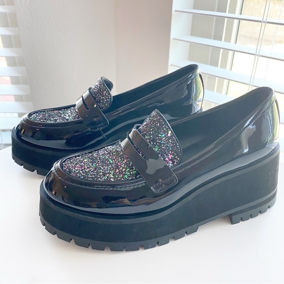 BP. Shilo Black Sparkle Glitter Platform Lug Sole Loafers Y2K 90’s NEW - Picture 2 of 9